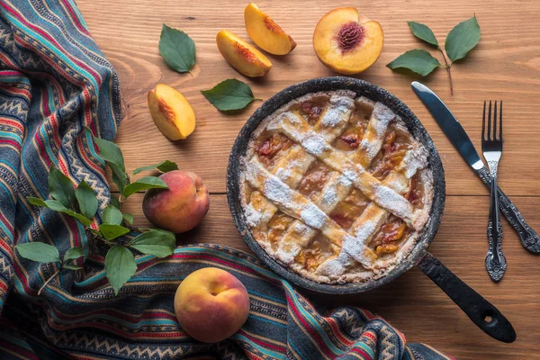 Fresh Homemade Peach Pie Table Fresh Fruit — Stock Photo, Image