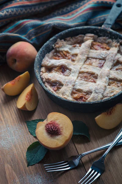 Fresh Homemade Peach Pie Table Fresh Fruit — Stock Photo, Image