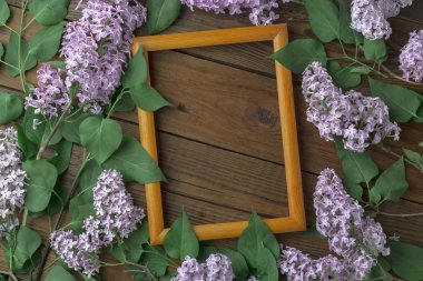 Ahşap arka plan üzerinde leylak çiçekleri ile Vintage çerçeve, bahar konsepti