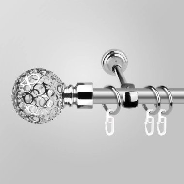 Gri arka planda krom süslü küre ucu ile perde saçak