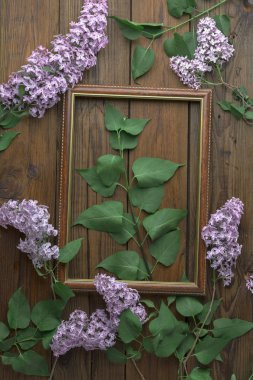 Ahşap arka plan üzerinde leylak çiçekleri ile Vintage çerçeve, bahar konsepti