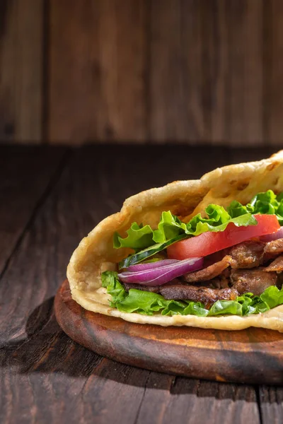 Fresh Tortilla Sandwich Beef Vegetables Rustic Table — Stock Photo, Image