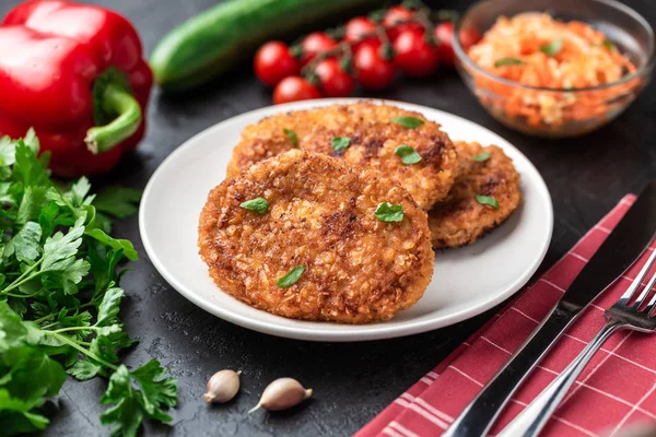 Plate Fresh Fried Cutlets Rustic Table — Stock Photo, Image