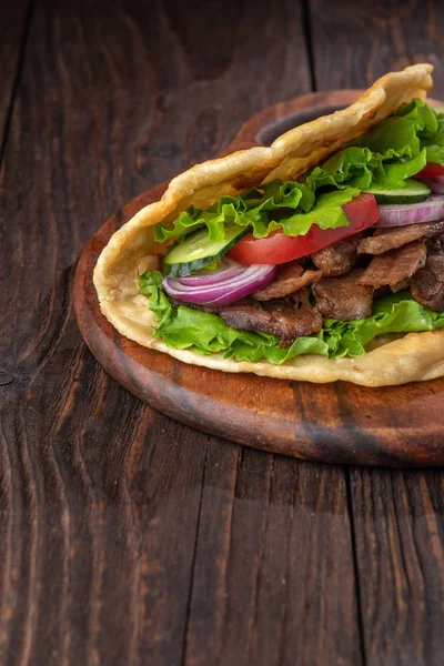 Fresh Tortilla Sandwich Beef Vegetables Rustic Table — Stock Photo, Image