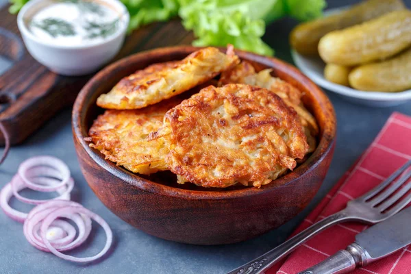 Potato Pancakes Dish Bowl Sour Cream Vegetables — Stock Photo, Image