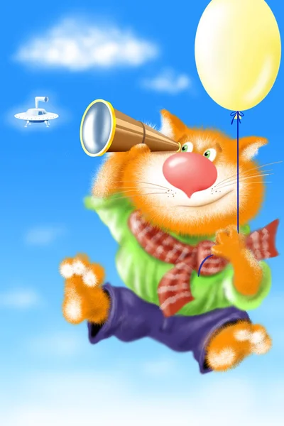 Divertido Gato Rojo Mirando Través Spyglass Ufo Cielo Azul Ilustración — Foto de Stock