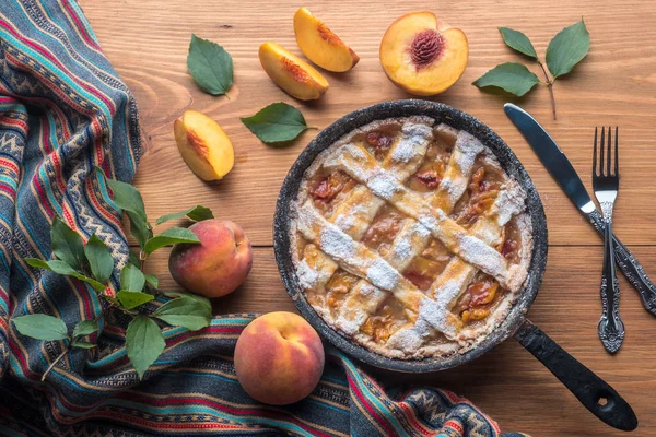 Fresh Homemade Peach Pie Table Fresh Fruit — Stock Photo, Image