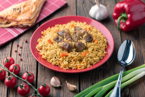 Plate Homemade Pilaf Dish Meat Vegetables — Stock Photo, Image