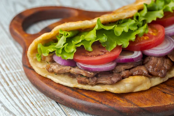 Fresh Homemade Pita Sandwich Roasted Meat Tomato Onion Lettuce Wooden — Stock Photo, Image