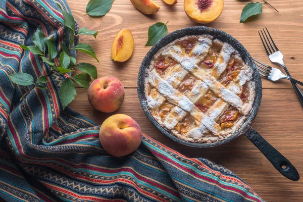 Fresh Homemade Peach Pie Table Fresh Fruit — Stock Photo, Image