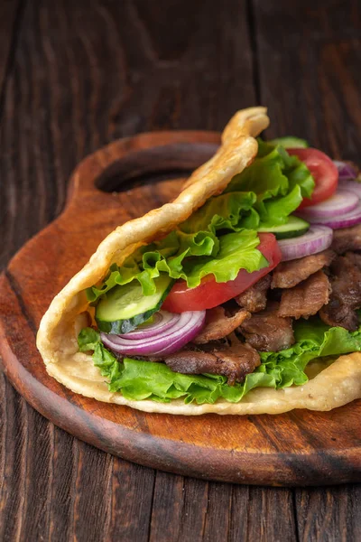 Fresh Tortilla Sandwich Beef Vegetables Rustic Table — Stock Photo, Image