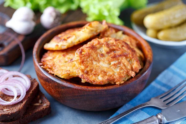 Potato Pancakes Dish Bowl Sour Cream Vegetables — Stock Photo, Image