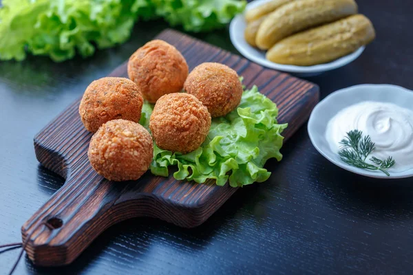 Fried Falafel Balls Wooden Board Table Pickles Sauce — Stock Photo, Image