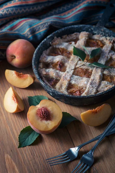 Fresh Homemade Peach Pie Table Fresh Fruit — Stock Photo, Image