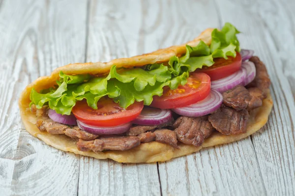 Fresh Homemade Tortilla Sandwich Roasted Meat Tomato Onion Lettuce Wooden — Stock Photo, Image