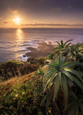 Azores, Portekiz, Avrupa'da gün batımında deniz kıyısı manzarası