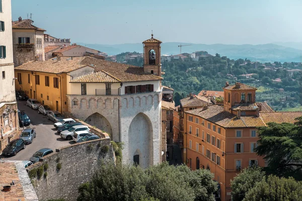 Street scene of traditional Italian architecture of Perugia city, Umbria, Central Italy, Europe