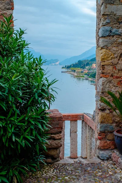 伝統的な家屋 リヴァ ガルダ イタリア ヨーロッパとガルダ湖とマルセシンの街並みの緑の葉を通して風景 — ストック写真