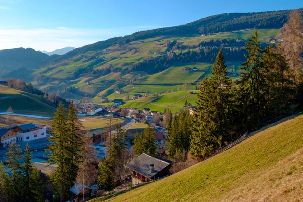 Mountain village scenery in green valley of South Tyrol, Italy, Europe