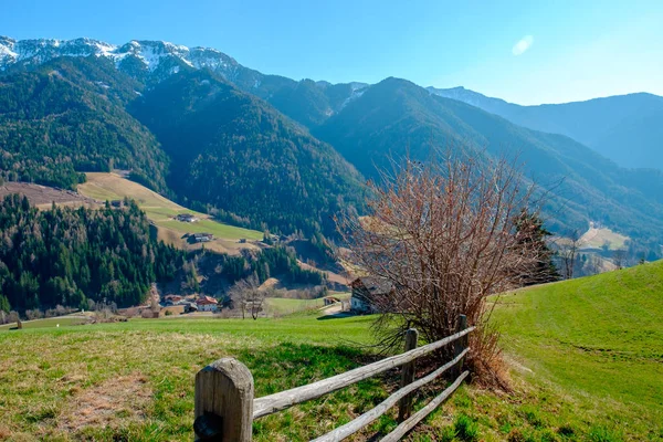 Mountain village scenery in green valley of South Tyrol, Italy, Europe