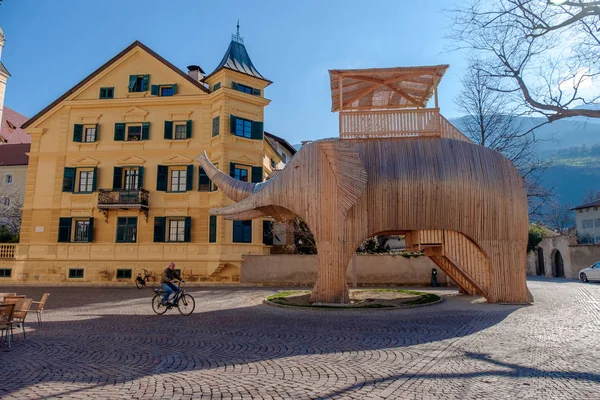 Paisaje Edificios Antiguos Escultura Elefante Madera Calle Ciudad Brixen Tirol — Foto de Stock