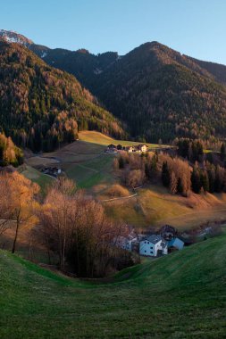 Dolomites, İtalya yeşil yamaçlarında geleneksel evler ve ormanlar ile Dağ mezrası