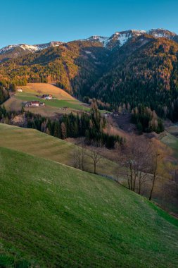Dolomites yeşil yamaçlarında geleneksel evler ile Dağ mezrası, İtalya