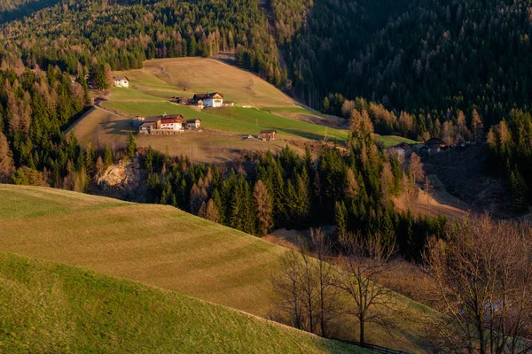 Osada Górska Tradycyjnymi Domami Lasami Zielonych Stokach Dolomitów Włochy — Zdjęcie stockowe