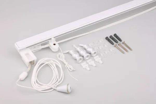 White Blinds Pole Plastic Accessories Gray Background — Stock Photo, Image