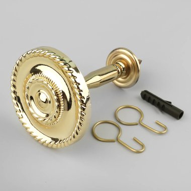 Gri arka plan üzerinde bağlantı elemanları ile perde için yuvarlak süslü bekleme.