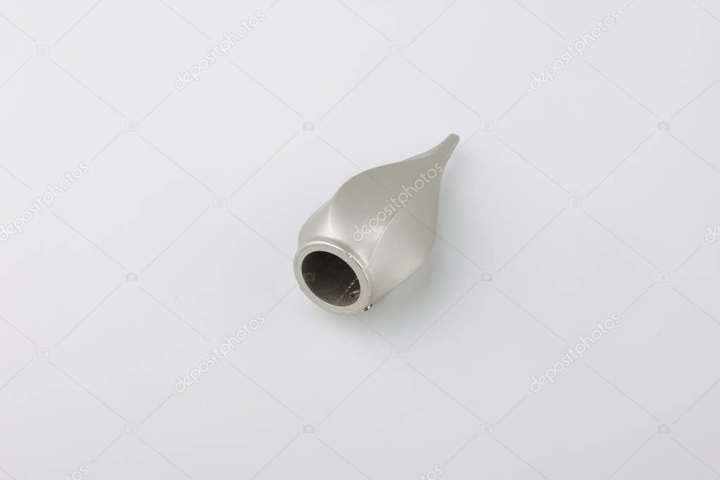 Stylish metal ending for curtain pole on grey background