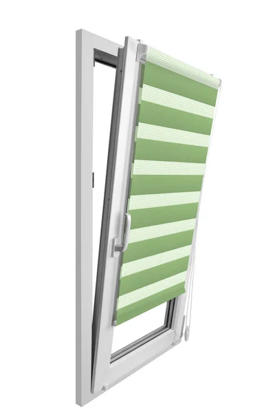 Green Striped Roman Shades Covering Window White Background — Stock Photo, Image