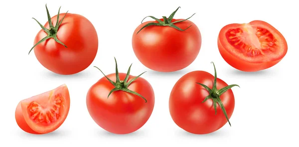 Tomates Rouges Mûres Entières Coupées Sur Fond Blanc — Photo