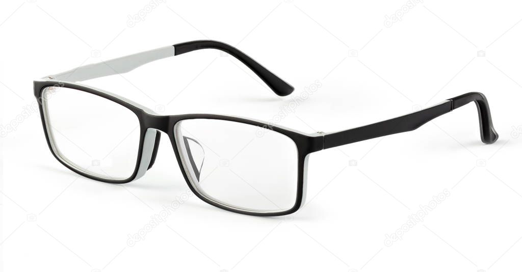 Plastic color eyeglass on the white background. Isolated eyeglass.