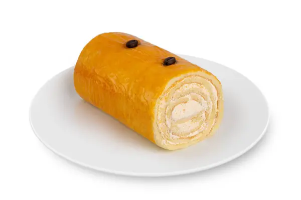 Sponge Roll Lies White Plate White Background Biscuit Roll White — Stock Photo, Image