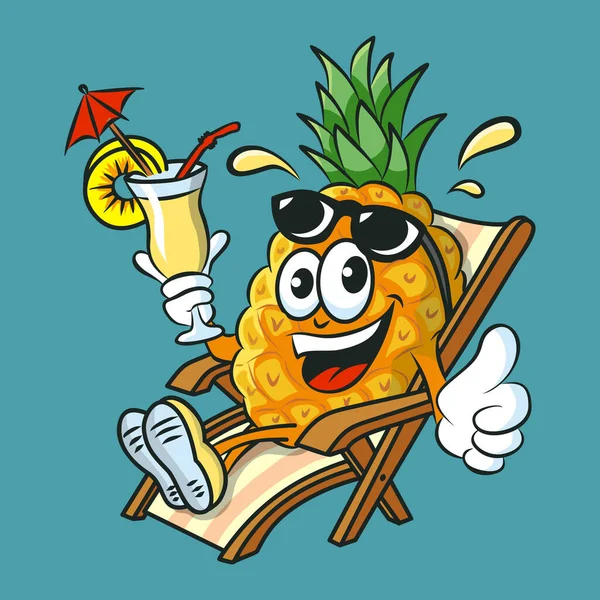 Lustige Cartoon Ananas Figur Trinkt Pina Colada Cocktail Spaß Haben — Stockvektor
