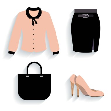 Ofis kıyafetleri. Kadın İmajı. Bluz, etek, ayakkabı ve çanta