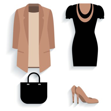 Kadın giyim klasik görüntü. Uzun ceket, elbise, çanta ve ayakkabı