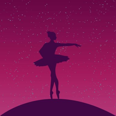 Gece yıldızlı gökyüzünün altında balerin