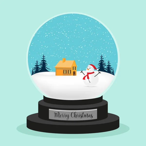 Bola de Navidad con nieve, casa, árboles y un muñeco de nieve dentro — Vector de stock