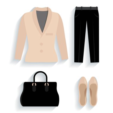Kadın klasik giyim. Ceket, pantolon, bale ayakkabıları ve çanta