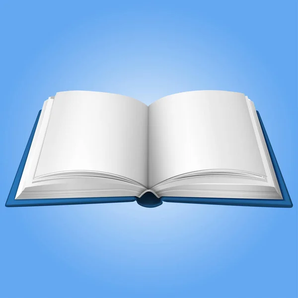 Realistisk öppen bok om blått omslag och blå bakgrund — Stock vektor