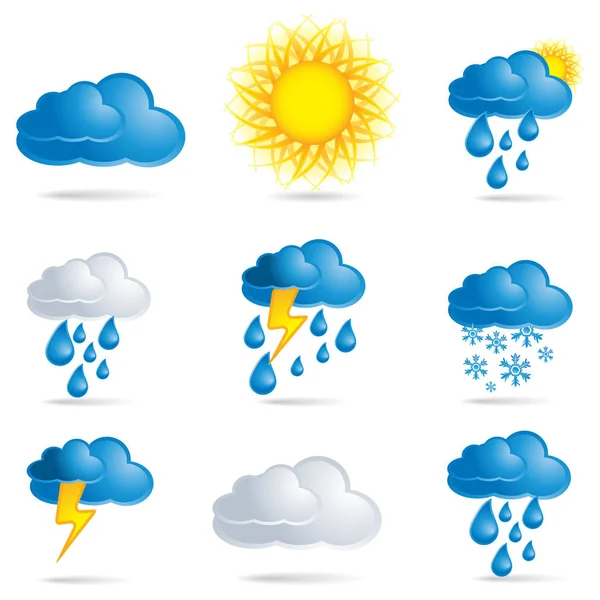 Conjunto de iconos meteorológicos: sol, nubes, lluvia, nieve, relámpagos — Archivo Imágenes Vectoriales