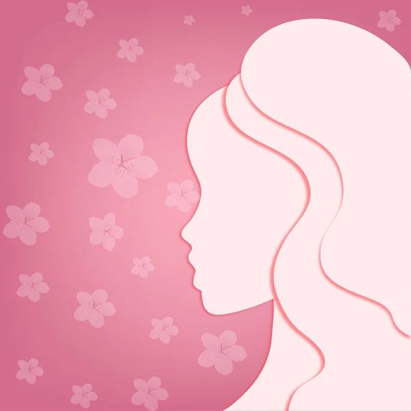 Silhueta de uma menina no perfil em um fundo rosa com flores — Vetor de Stock