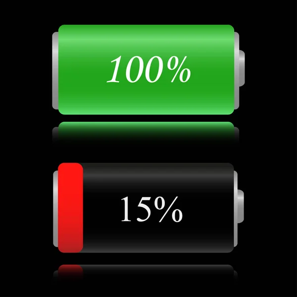 Πλήρης μπαταρία και η μπαταρία κάθεται κάτω. 100% και 15% φόρτιση μπαταρίας. — Διανυσματικό Αρχείο