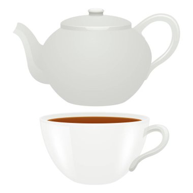 Beyaz çaydanlık ve çay / kahve beyaz fincan. Vektör çizimi