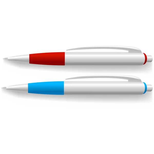 Zwei Kugelschreiber rot und blau mit einem Schatten, der waagerecht liegt — Stockvektor