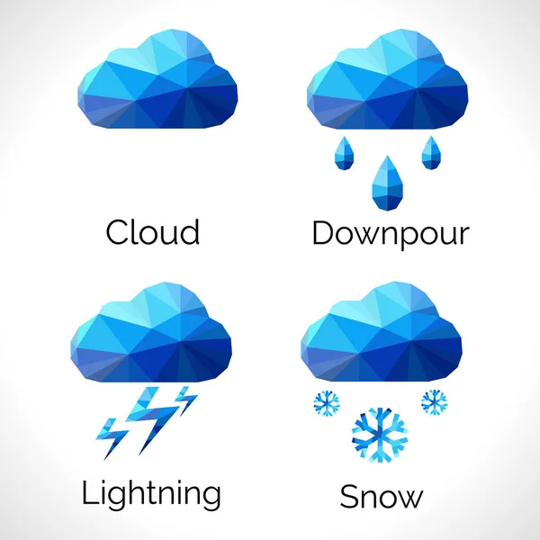 Un ensemble de signes météorologiques dans le triangle : nuageux, pluie, orage, neige — Image vectorielle