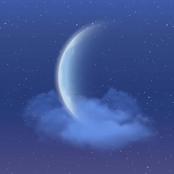 Реалістичний новий місяць, хмари і зірки на тлі нічного неба — стоковий вектор