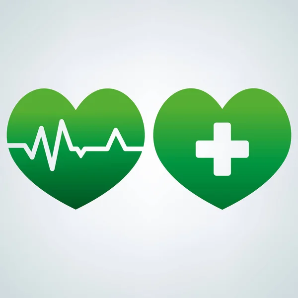 Dos corazones verdes de salud: un cardiograma del corazón y una cruz en el corazón — Vector de stock